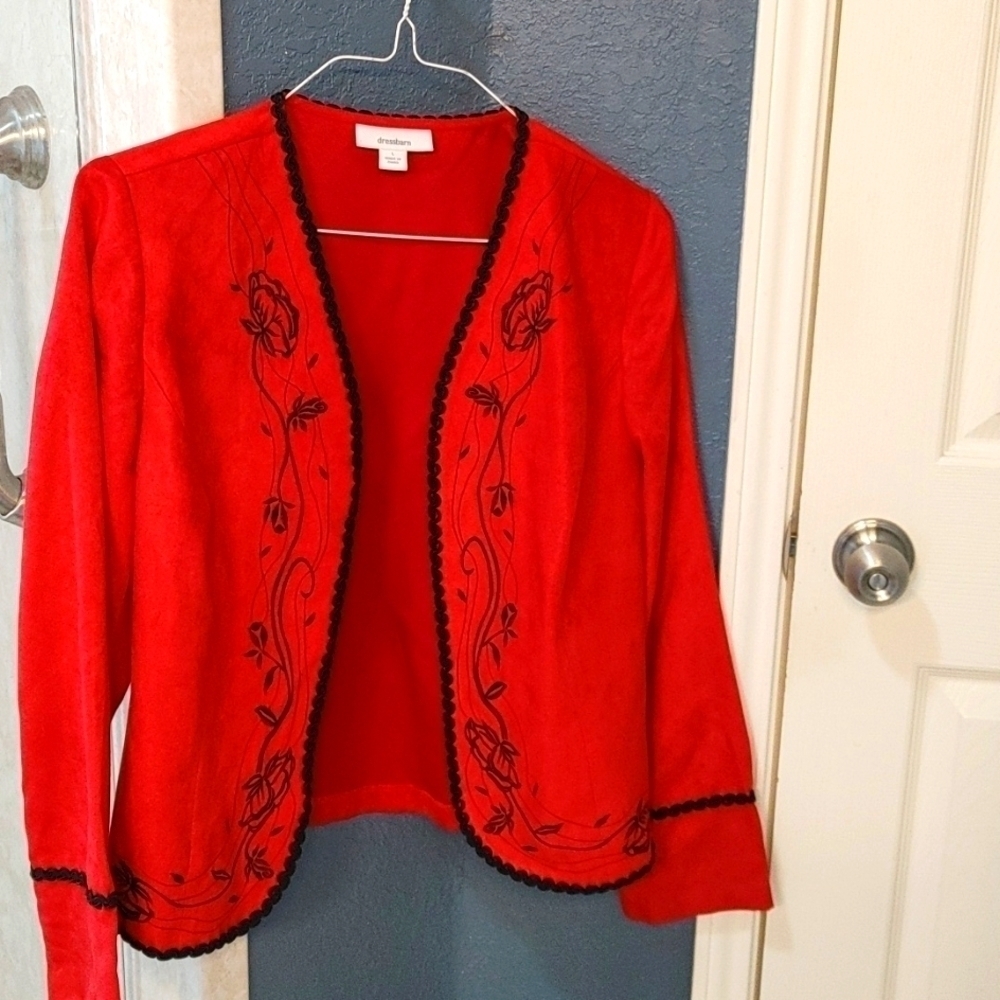 Dressbarn Faux Velvet Red Open Jacket Floral Stitching Large Holiday